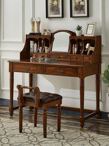 美式全实木梳妆台收纳柜一体欧式卧室梳妆桌小户型轻奢复古化妆桌