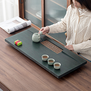 整块天然乌金石头茶盘青绿木纹家用办公日式现代简约排水功夫茶台