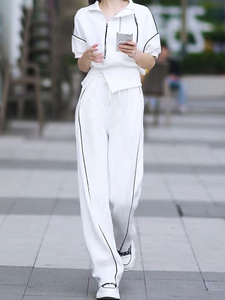 特大码300斤白色时尚休闲运动服套装女夏季半拉链上衣长裤两件套