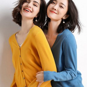 品质款2020秋季OL气质韩版女装开衫长袖V字领直筒型毛衣厂家批发