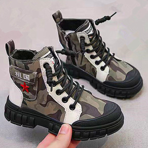 代购春秋儿童男孩子棉鞋迷彩军靴男童中筒靴马丁靴加绒童鞋学生鞋
