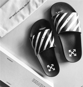 京一日本off white潮牌条纹涂鸦字母织带箭头情侣ow潮拖鞋人字拖