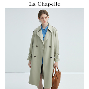 拉夏贝尔/La Chapelle英伦风气质翻领双排扣腰带长款风衣外套女春