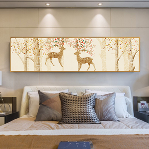 8061现代卧室床头挂画横幅主卧背景墙装饰画客厅北欧麋鹿抽象壁画