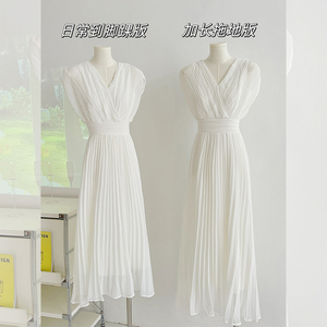 【月光神女】从一V领连衣裙女夏季新款收腰温柔风超仙白色百褶裙