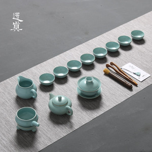还真汝窑茶具套装陶瓷功夫茶杯家用简约汝瓷开片茶壶盖碗整套装