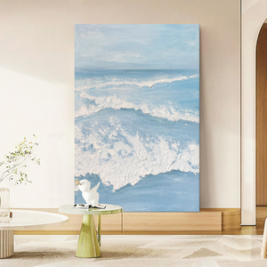 蓝色大海纯手绘油画奶油风玄关装饰画客厅抽象海浪肌理画立体挂画