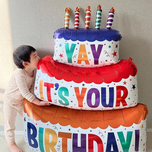 歪歪彩色蛋糕铝膜气球三层大号蜡烛气球宝宝儿童生日派对装饰布置