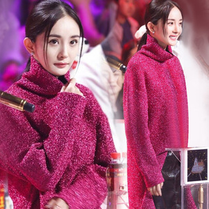 2018年秋冬款明星杨幂同款中长款高领毛衣不规则宽松套头针织衫