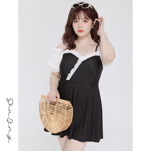 舒晴微胖泳衣性感一字肩蕾丝短袖连体裙式遮肚显瘦大码泳装女度假