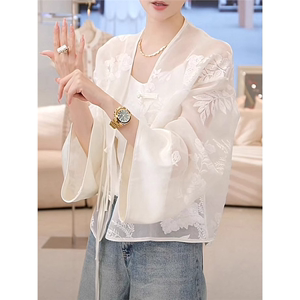 新中式国风刺绣白色防晒衫女短款夏季配吊带外搭轻薄透气披肩外套