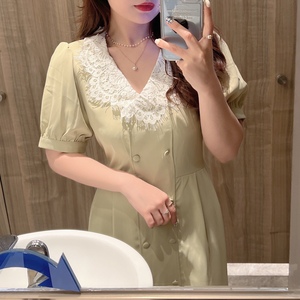 lynn法式高级蕾丝西装长裙温柔气质高雅绑带设计孕妇可穿连衣裙夏