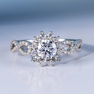 18k白金莫桑石戒指1克拉d色花苞交叉扭臂太阳花pt950铂金钻戒女