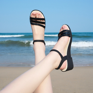 夏季梅丽莎果冻鞋露趾坡跟防滑一字带罗马粗跟沙滩鞋高跟鞋凉鞋女