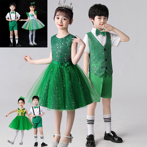 六一儿童合唱演出服绿色纱裙小学生诗朗诵上春山舞蹈比赛表演服装