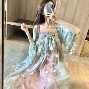 古装女仙女超仙薄纱汉服宫廷公主小姐大摆型长款吊带裙开衫两件套