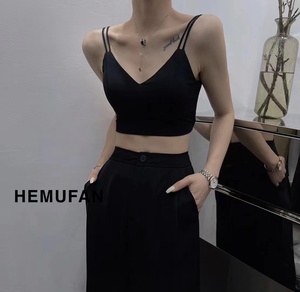 黑色吊带背心女夏季v领性感带胸垫内衣外穿短款露脐内搭裹胸打底