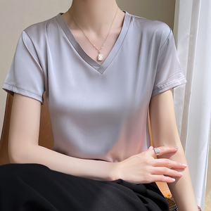 夏季真丝短袖t恤女v领宽松桑蚕丝纯色体恤新款显瘦半袖大码上衣衫