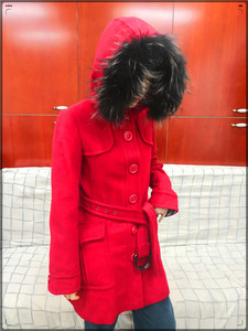二手古着VINTAGE英国品牌巴巴丽女款红色单排扣羊毛大衣38尺码