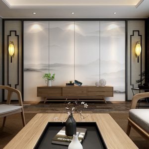 定制电视背景墙壁纸新中式素色意境山水禅意硬包影视墙酒店软包