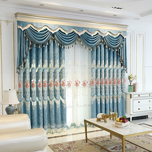 欧式豪华客厅窗帘成品高档大气水波窗幔帘头自粘布纱别墅镂空绣花
