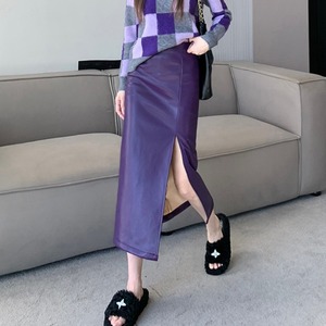 紫色pu皮半身裙女冬天配毛衣开叉中长款直筒小个子高腰包臀长裙子