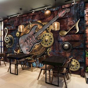 工业风金属齿轮壁纸音乐主题餐厅墙纸复古怀旧个性酒吧烧烤店墙布