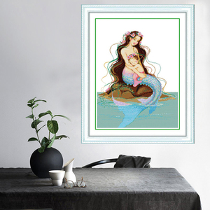 纯手工十字绣成品美人鱼母子情深新款儿童卧室装饰画已绣好的出售