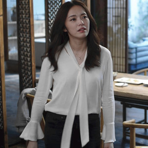 衬衣女都挺好苏明玉姚晨同款仙女范外穿内搭系带v领长袖雪纺衬衫