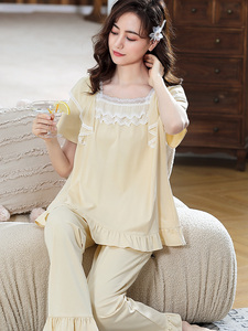 唯品会高档金黛儿睡衣女士夏季纯棉薄款甜美宫廷风简约家居服可外