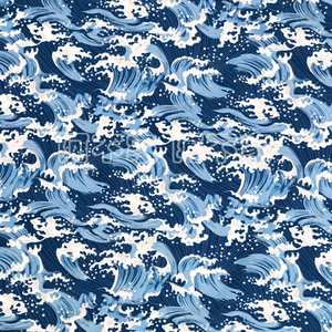 日式和风蓝色海浪印花全棉仿麻服装布料夏季手工旗袍连衣裙面料
