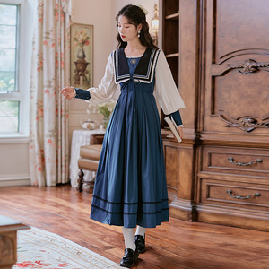 秋冬民国风复古洋装刺绣花纹文艺jk服配大衣海军领收腰显瘦连衣裙