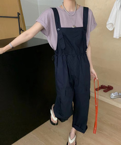 韩国东大门24夏新紫色短袖上衣+裤腿口袋工装裤韩版两件套背带裤