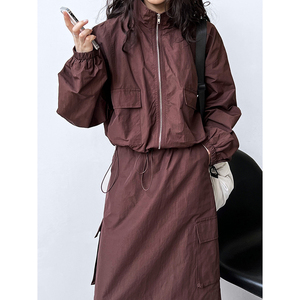 美式复古短款夹克外套+抽绳半身裙两件套户外休闲运动工装套装女
