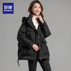 罗蒙2021冬季女士羽绒服外套连帽常规宽松加厚保暖时尚白鸭绒外套