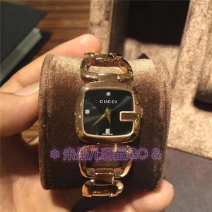 gucci/古奇简约方形镶钻贝母表盘玫瑰金腕表蓝宝石镜面女士手表