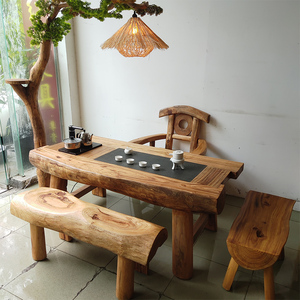 香樟木功夫茶台原生态实木茶桌椅组合仿船木原木大型大气民宿中式