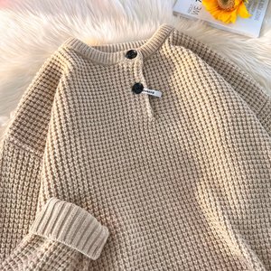 美式潮牌复古亨利领廓形玉米粒毛衣秋冬季加厚宽松休闲针织衫男潮