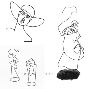 现代简约极简黑色抽象铁丝艺术铁艺人像人物摆件样板房玄关装饰品