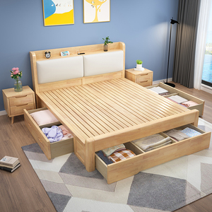 北欧实木床1.8米床现代简约1.2m1.351.5米气压高箱储物抽屉主卧床