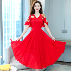 红色纱裙连衣裙长款仙夏