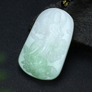 新疆和田玉白玉飘翠御龙观音挂件天然玉石山料带翠吊坠白项链玉坠