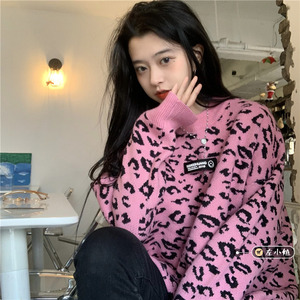 粉色豹纹毛衣女外穿宽松加厚针织上衣冬季2020新款高级感炸街重工