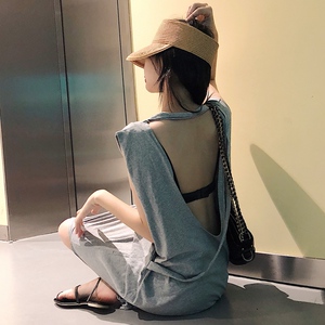 夏装港味chic复古中长款后背露背t恤女学生百搭宽松漏背背心长裙
