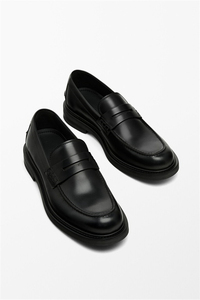 Massimo Dutti男鞋黑色一脚蹬真皮平底乐福鞋休闲皮鞋12493350800