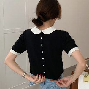 韩国东大门2024夏季新款拼色娃娃领后背单排扣设计显瘦短袖针织衫