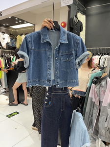 韩国东大门2024夏季新款时尚翻领单排扣短款牛仔外套女短袖上衣潮