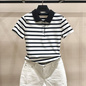正品哥弟新款女装专柜代购2022春夏polo条纹t恤翻领半袖体恤上衣