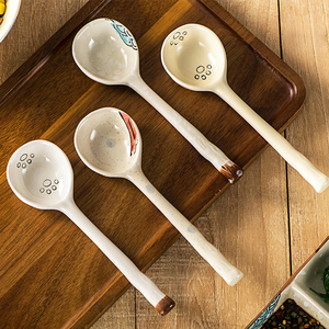 日式陶瓷小勺子家用甜品喝汤调羹汤匙可爱高颜值粗陶长柄勺子创意