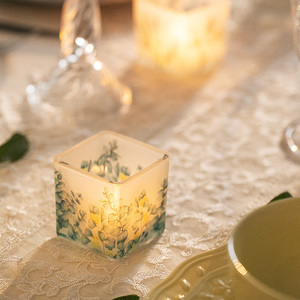 鸢尾花 法式方形玻璃烛台 装饰摆设氛围 餐桌 防烫晚餐烛光